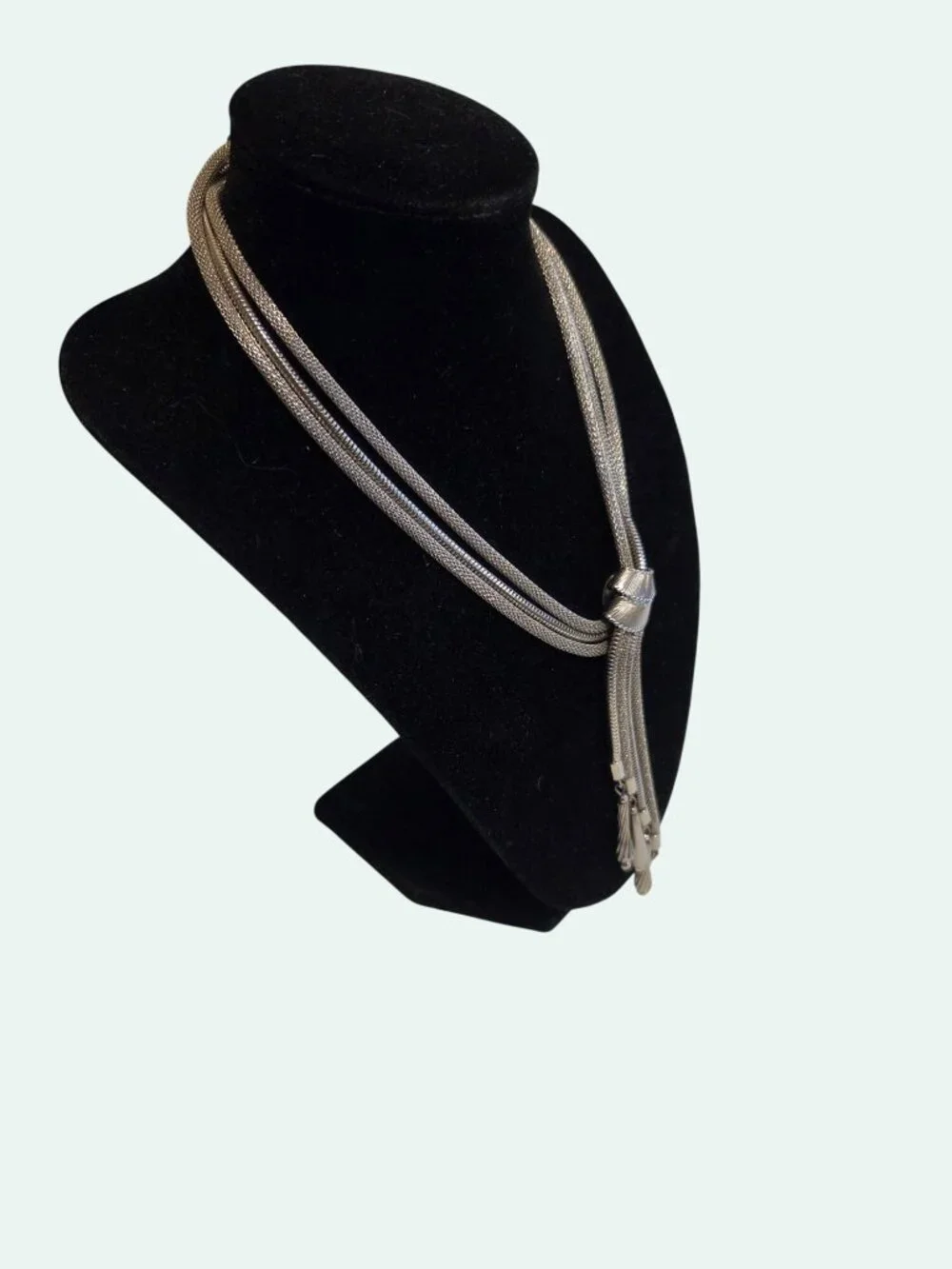 Vintage Multi-Strand Lariat Silver Necklace & Clip-On Earrings Set With Tassels